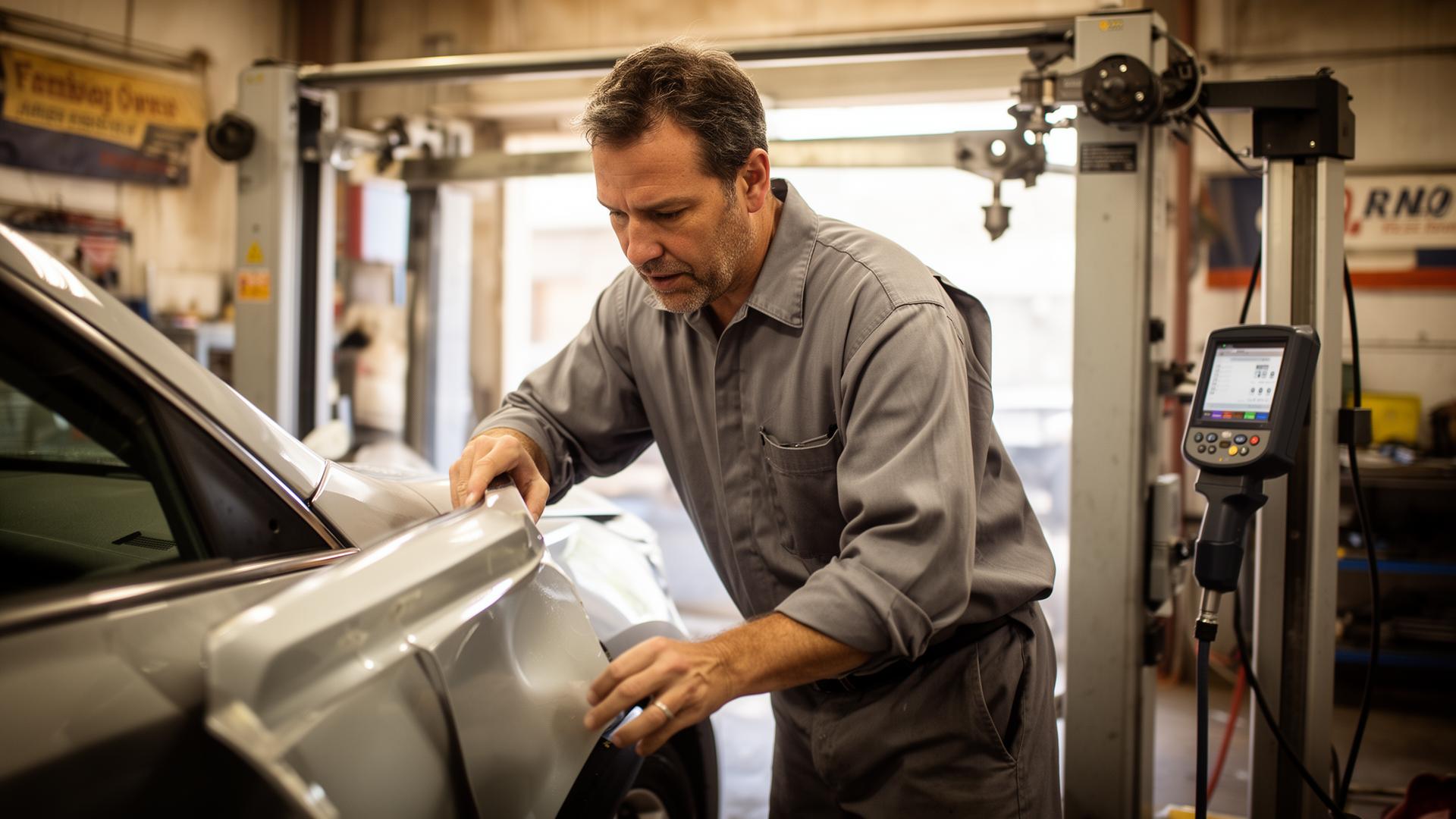 Auto body technician restoring a repaired car panel in our Mansfield shop